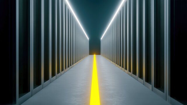 Futuristic data center corridor server rack neon light symmetric hallway yellow line modern infrastructure cybersecurity network technology digital