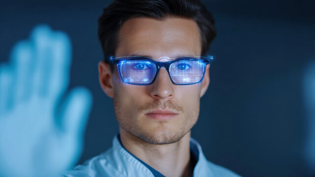 Futuristic smart eyewear digital data display hologram blue light man adult male face portrait focus science lab research vision screen innovation cyber virtual interface augmented reality glasses