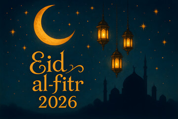 Eid al-fitr celebration with crescent moon lanterns and mosque silhouette at night