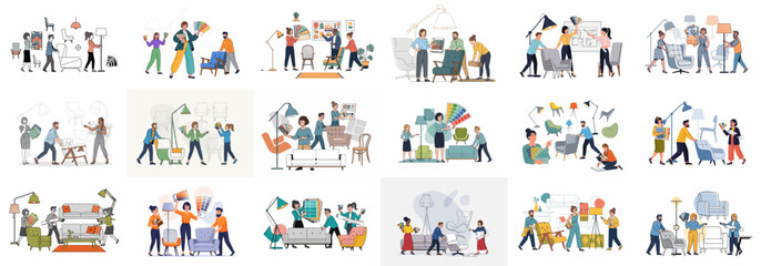 Interior Designers Working on Home Decor Projects, Selecting Furniture, Colors, and Planning Layouts for Modern Living Spaces Illustration Set.
