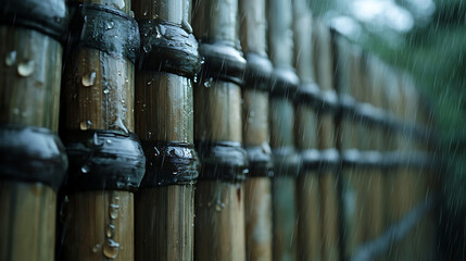 Raindrops on Bamboo Fence A Serene and Natural Scene