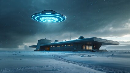 UFO hovers over a futuristic building in a snowy landscape under a stormy sky
