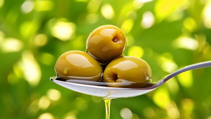 Delicious green olives on a spoon dripping with extra virgin olive oil