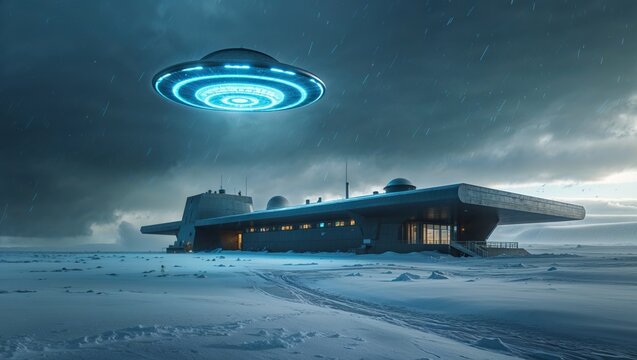 UFO hovers over a futuristic building in a snowy landscape under a stormy sky