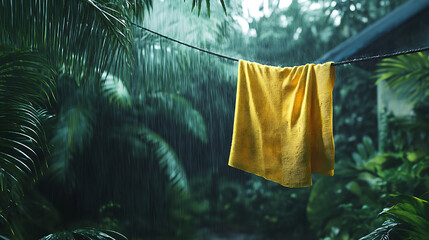Rainy Days A Yellow Towel Dries Outdoors in a Lush Green Environment