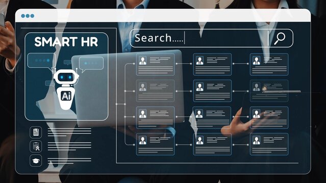 A conceptual image showcasing smart HR technology with an AI interface searching employee data on a laptop, depicting modern professional office dynamics and innovation. Raster