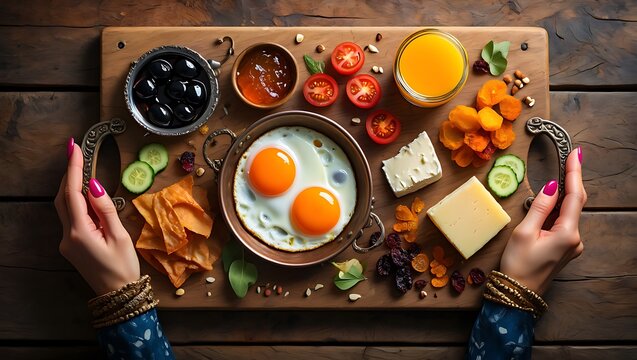 Delicious Mediterranean breakfast on wooden board with orange juice and cheese