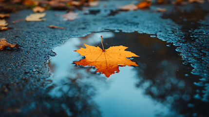 Autumn Leaf Reflections Golden Maple in a Puddle, Capturing Fall's Beauty
