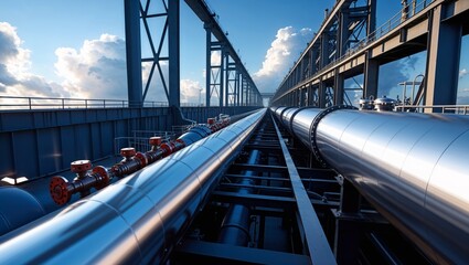 Obraz premium Industrial pipeline infrastructure with valves and support structures against a blue sky