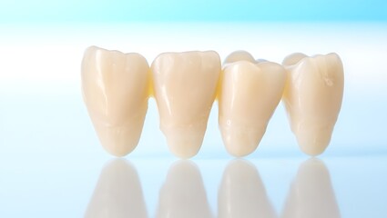 Obraz premium Dental bridge with four teeth on a blue background for dental care