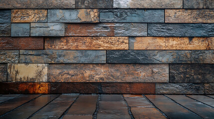 A captivating rustic backdrop showcasing a multi-toned stone tile wall paired with a wet, textured wooden floor, creating an inviting natural ambiance for various design projects