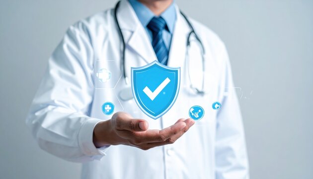 Work safety concept. Health care insurance concept. Guarantee service certification approved. Doctor in hospital, health insurance.