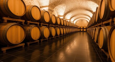Wooden wine barrels stored in a brick arch cellar