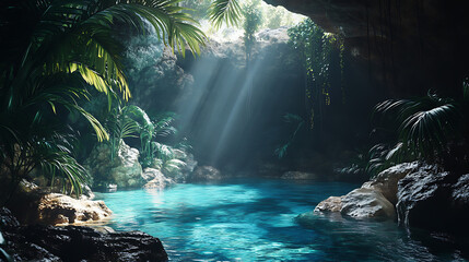 Mysterious tropical cenote with sunbeams illuminating turquoise water and lush green foliage