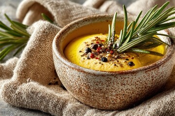 Minimalist white porcelain bowl with golden olive oil rosemary sprig and black pepper for gourmet cooking healthy recipe background

