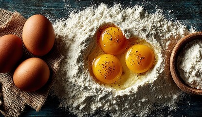 Fresh eggs with vibrant yellow yolks nestled in white flour for baking recipes, homemade pasta, culinary preparation, artisan cooking concept

