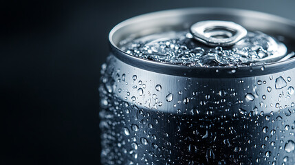 Close-up of a cold, condensation-covered beverage can, highlighting the refreshing nature of a chilled drink