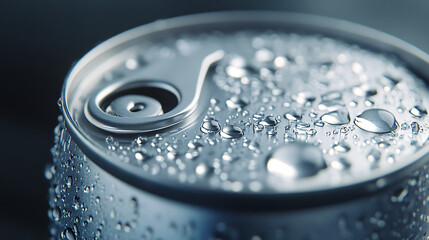 Close-up macro shot of a cold aluminum beverage can covered in condensation droplets on a dark background