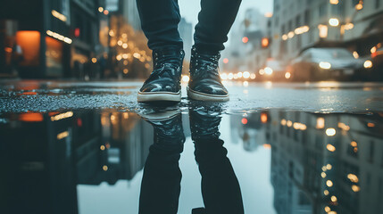 Reflective Steps Boots in a City Puddle After Rain