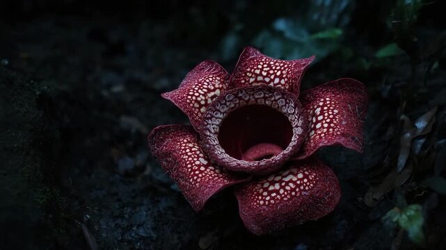 Rare Rafflesia Flower Blooms in Dark Jungle Setting with Intricate Red and White Petals
