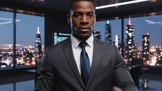 Visionary businessman presenting digital cube technology in a modern office overlooking the vibrant cityscape at night - Powered by Adobe