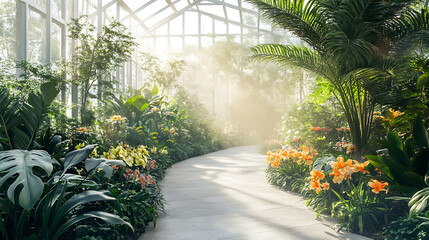 Lush Greenhouse Oasis A Tranquil Pathway Through Vibrant Botanical Beauty