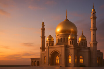 Obraz premium Golden domes atop a mosque structure during a colorful sunset sky moment view