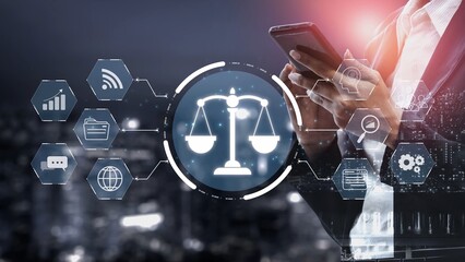 Futuristic digital law interface displaying justice scale, highlighting digital law, AI compliance,...