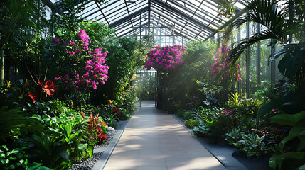 A serene sunlit pathway winding through a lush botanical garden greenhouse, showcasing vibrant tropical plants and colorful blossoms under a glistening glass roof