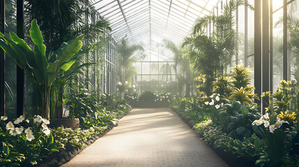 Lush greenhouse interior featuring exotic plant life, sunlight, and a garden pathway