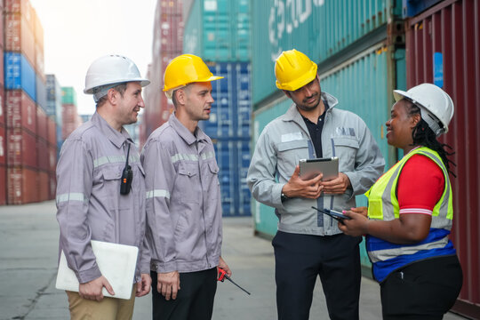 Team collaboration in logistics operations shipping yard professional meeting urban environment close-up view efficiency focus