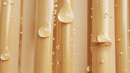 Close-up of golden bamboo stalks adorned with glistening clear water droplets, evoking a sense of fresh natural beauty and serene tranquility