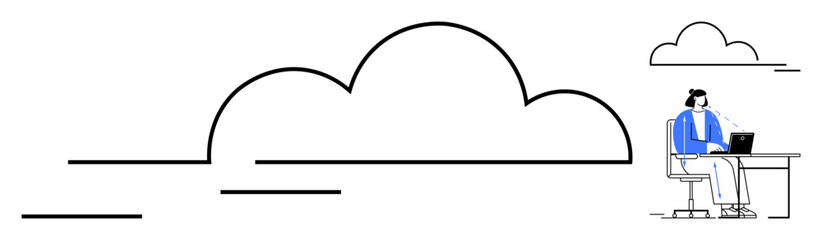 Cloud computing. Cloud symbol connected to a person working on a laptop. Cloud computing enables remote work, secure data storage, and collaboration. For business, IT, remote work, tech innovation