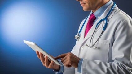Physician in lab coat with stethoscope uses digital tablet for modern medical data management