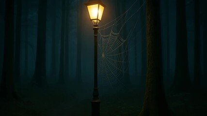 Glowing street lamp with large spider web in dark foggy forest at night, eerie moody scene with delicate web illuminated by warm light.