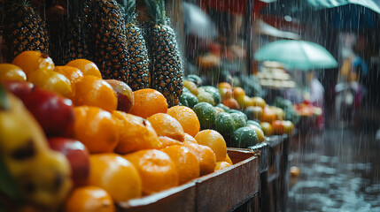 A close-up of a colorful fruit stand with fresh oranges and pineapples gleaming in the rain at an open-air market