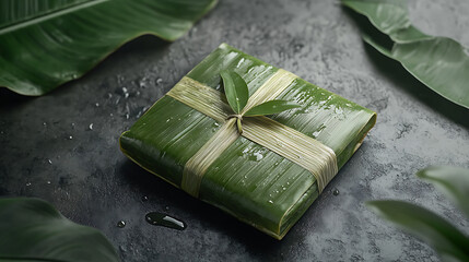 Artfully presented traditional food parcel, meticulously wrapped in fresh, vibrant green banana leaves, symbolizing natural, organic culinary craftsmanship and tropical flavors