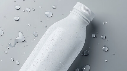 Close-up of a white plastic bottle with water droplets, isolated on a soft gray background