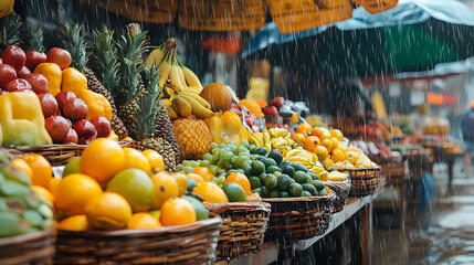 Vibrant fruit stand at an outdoor farmer's market glistening with fresh rain on a wet day