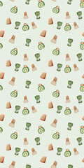 Light Green Seamless Pattern with Scattered Matcha Tea Elements
