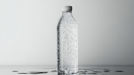 Clear plastic bottle filled with refreshing water and small bubbles, studio shot on a white background with water splashes around the base
