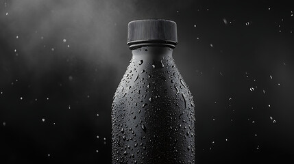 Black Water Bottle with Condensation on Dark Background