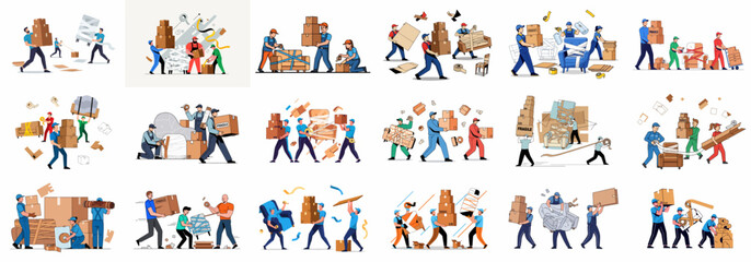Professional Moving and Packing Service Set: Collection of flat illustrations showing movers handling boxes, wrapping furniture, and performing relocation duties.