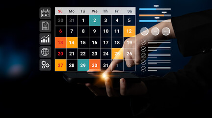 A sleek digital calendar interface displayed on a touchscreen device, showcasing vibrant colors, days of the week, and interactive features for optimizing time management. Gantry