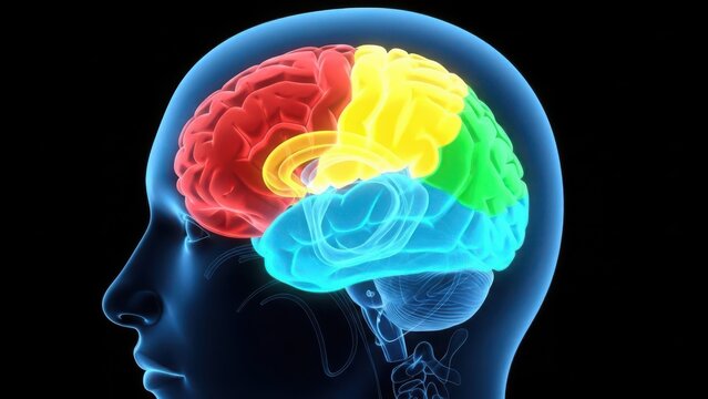 Human brain lobes highlighted, anatomical study of intelligence and thought process.