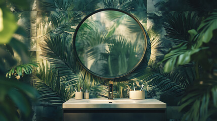Lush tropical plants reflected in a modern bathroom mirror, creating a serene and natural ambiance