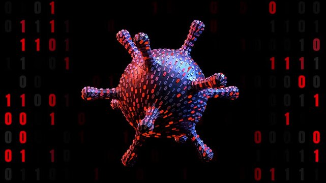 Computer Virus Binary Code Malware rotating seamless loop 3D animation for cybersecurity alerts, ransomware threat news, and digital data protection visuals