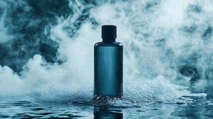 A mysterious unlabeled blue bottle of a cosmetic product, standing in a cloud of dense cold fog and bubbling icy water, for a premium skincare or fragrance concept
