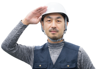 鳶職や現場作業員のご安全にの敬礼ポーズカメラ目線　背景透明
