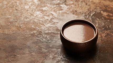 A rich and creamy hot chocolate or coffee in a small ceramic bowl on a textured surface